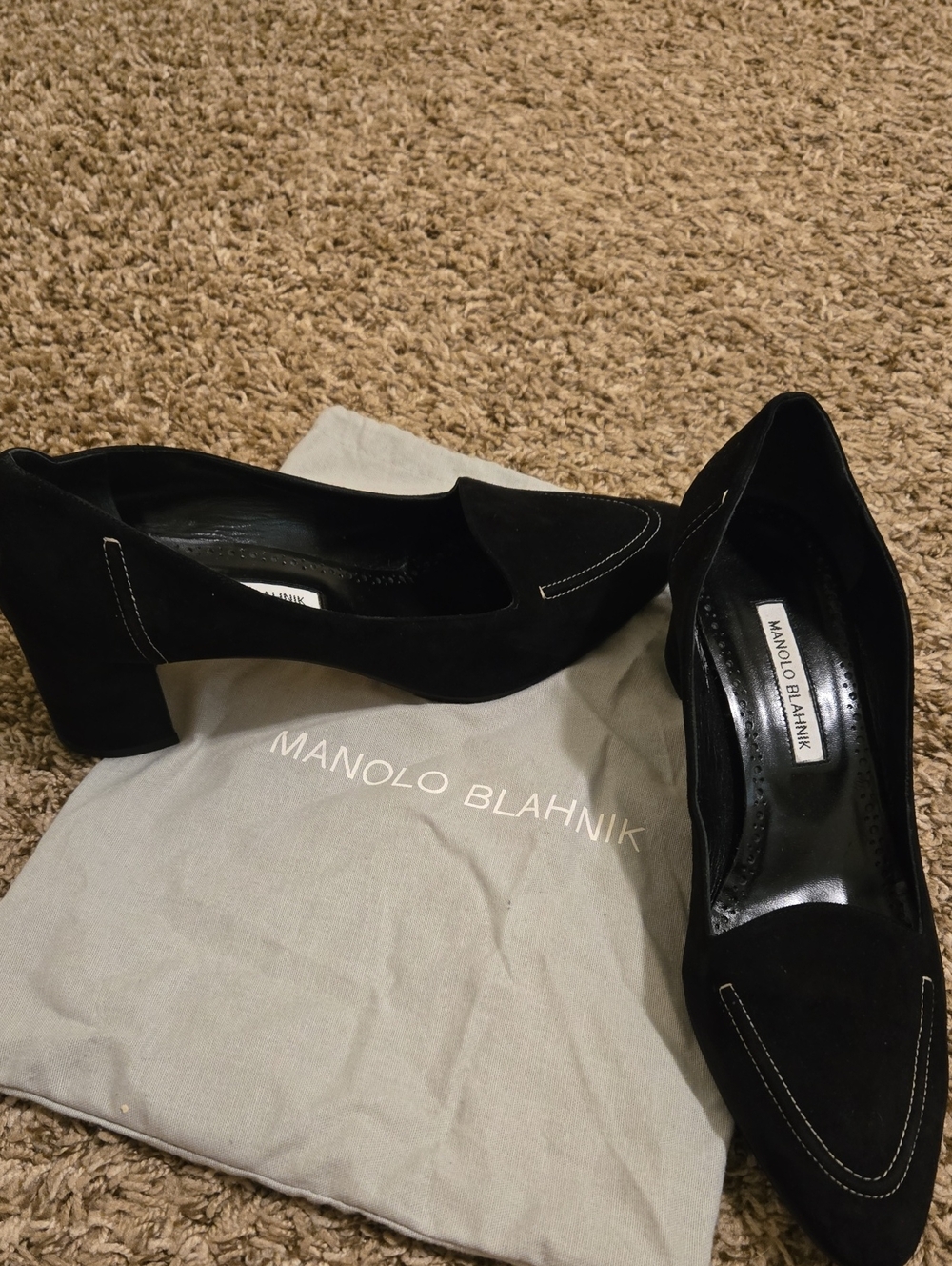 Manolo Blahnik Black Suede Mid Block Heel Pumps